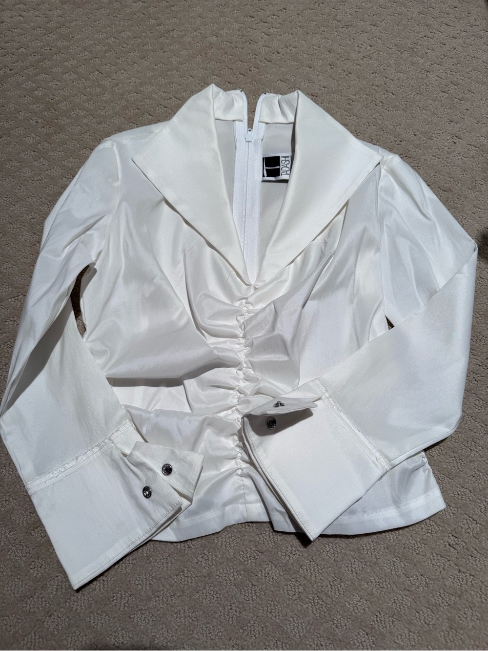 Women's White Ruched Front Satin Blouse with Notch Collar